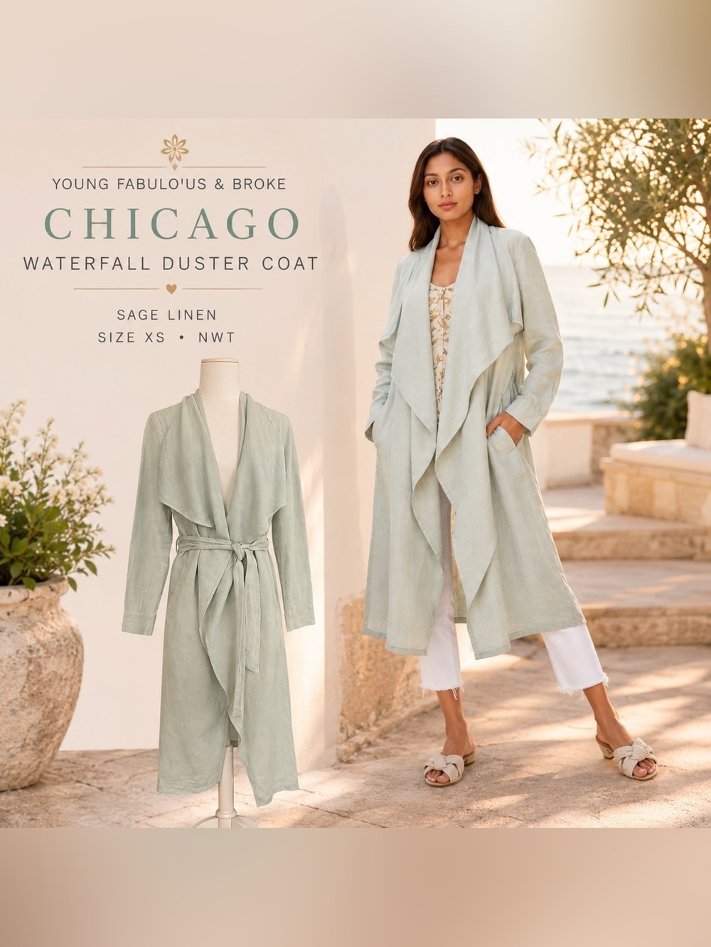 Young Fabulous & Broke Chicago Duster Coat XS Sage Linen Waterfall Jacket NWT